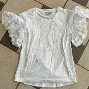 Vanessa Virginia from Anthropologie white ruffle sleeve t-shirt.